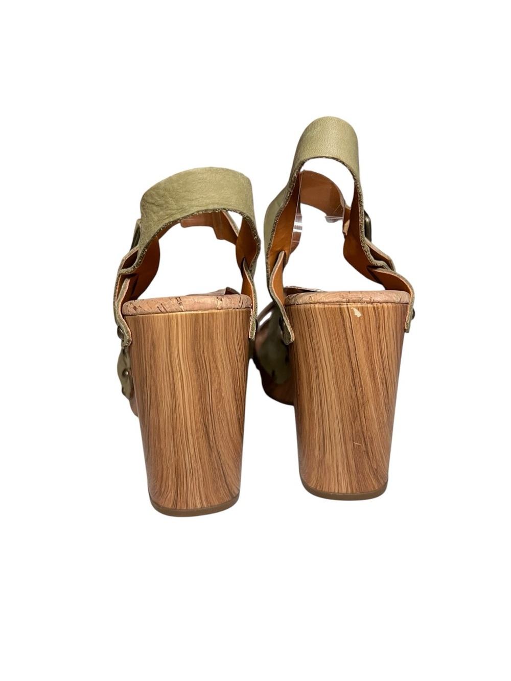 🌻Kork-Ease Drew Olive Green Leather Sandals Crisscross Studs Wood Heel Size 9 - Picture 2 of 10
